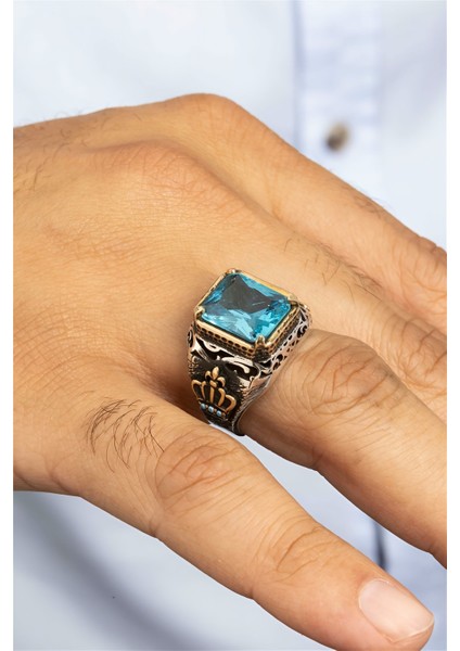 Aqua Ve Firuze Taşlı Taç Figürlü Otantik Gümüş Erkek Yüzük fiyatları