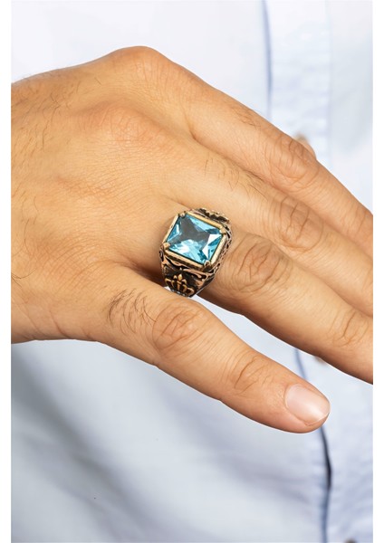 Aqua Ve Firuze Taşlı Taç Figürlü Otantik Gümüş Erkek Yüzük modelleri