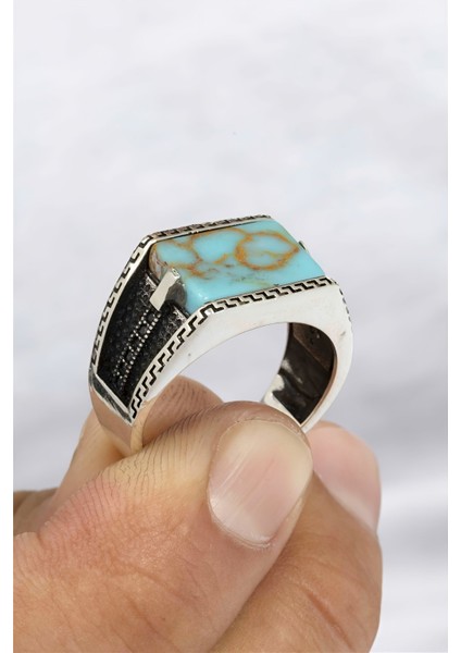 Firuze Taşlı Mikro Taş Süslemeli Gümüş Erkek Yüzük