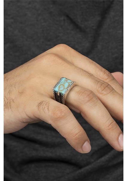 Firuze Taşlı Mikro Taş Süslemeli Gümüş Erkek Yüzük fiyatları