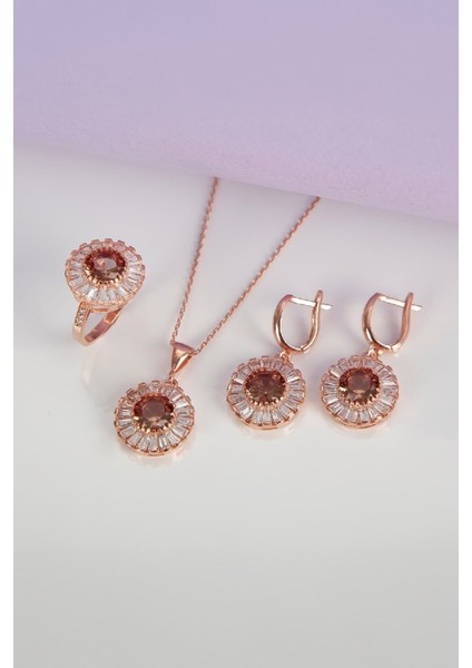Rose Renk Zultanit Ve Baget Zirkon Taşlı 925 Ayar Gümüş Bayan Takı Seti