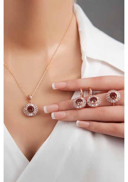 Rose Renk Zultanit Ve Baget Zirkon Taşlı 925 Ayar Gümüş Bayan Takı Seti fiyatları