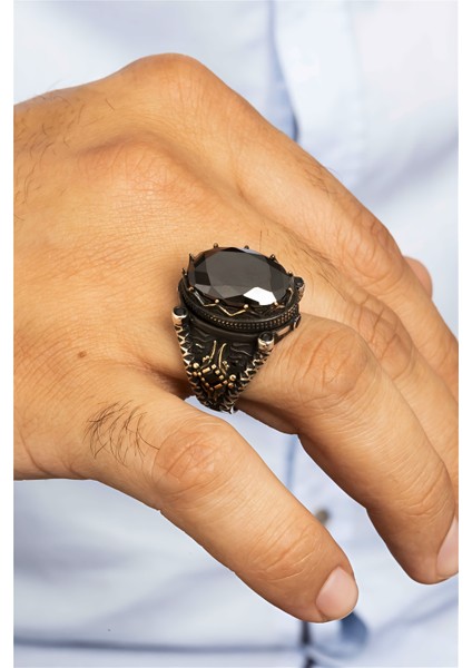 Siyah Taşlı Taç Motifli Karartmalı Gümüş Erkek Yüzük fiyatları