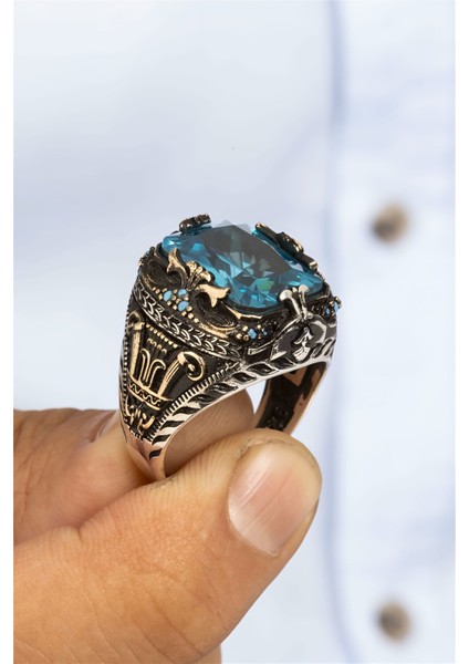 Aqua Ve Turkuaz Taşlı Gümüş Erkek Yüzük