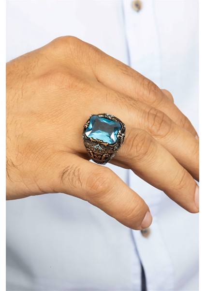 Aqua Ve Turkuaz Taşlı Gümüş Erkek Yüzük modelleri