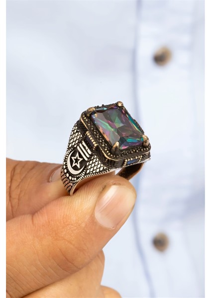 Mistik Topaz Taşlı Ay Yıldızlı Gümüş Erkek Yüzük