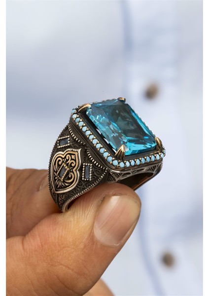 925 Ayar Gümüş Aqua Taşlı Turkuaz İşlemeli Otantik Erkek Yüzük