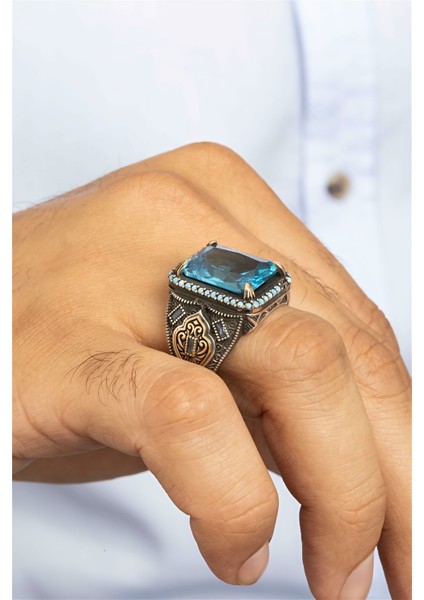 925 Ayar Gümüş Aqua Taşlı Turkuaz İşlemeli Otantik Erkek Yüzük fiyatları