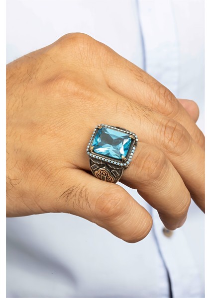 925 Ayar Gümüş Aqua Taşlı Turkuaz İşlemeli Otantik Erkek Yüzük modelleri