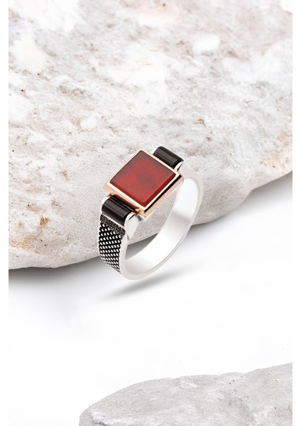 Gümüş Akik Taşlı Yanları Zirkon Taşlı Erkek Yüzük