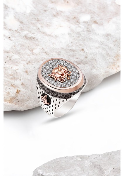 Gümüş Zirkon Taşlı İşlemeli Erkek Yüzük