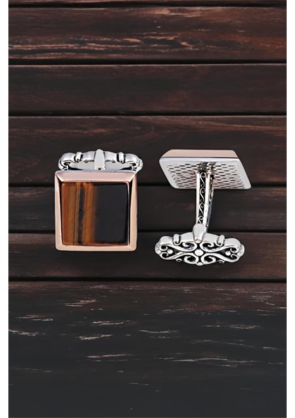 Gümüş Kaplan Gözü Taşlı Düz Kol Düğmesi