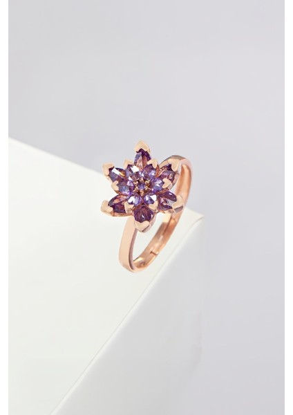 Ametist Taşlı Rose Renk Ayarlanabilir Lotus Gümüş Bayan Yüzük