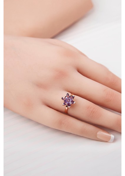 Ametist Taşlı Rose Renk Ayarlanabilir Lotus Gümüş Bayan Yüzük fiyatları