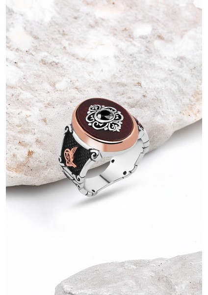 Sentetik Kehribar Ortası Zirkon Taşlı Gümüş Erkek Yüzük