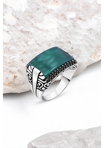 Yeşil Akik Taş Kenarları Minik Siyah Zirkon Taşlı Gümüş Erkek Yüzük