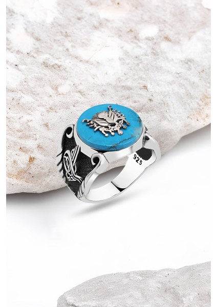 Sıkma Turkuaz Taşlı Üzeri Osmanlı Devlet Armalı Gümüş Erkek Yüzük