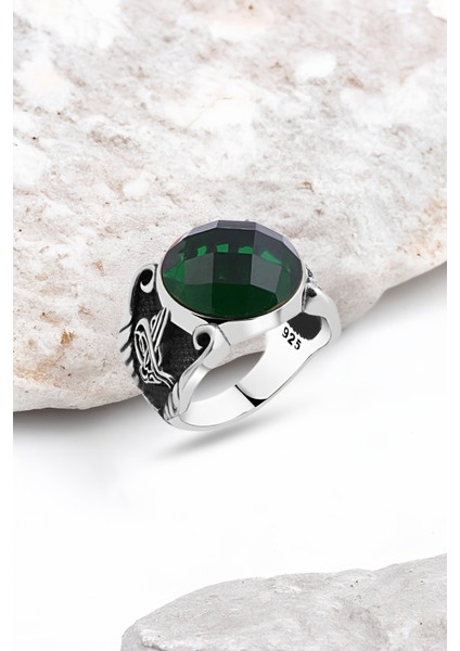 Kesme Yeşil Zirkon Taşlı Gümüş Erkek Yüzük