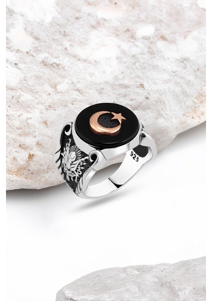 Onix Taşlı Üzeri Ay-Yıldızlı Gümüş Erkek Yüzük