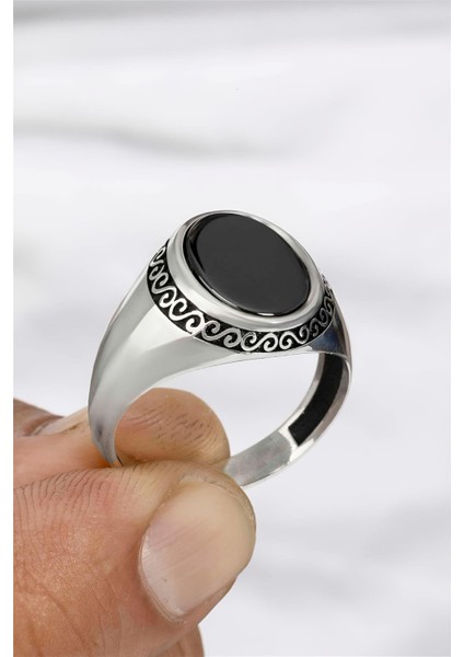 Sarmal Desenli Şerit Oval Gümüş Serçe Parmak Erkek Yüzük