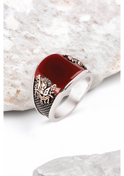 Özel Kesim Akik Taşlı Osmanlı Armalı Gümüş Erkek Yüzük