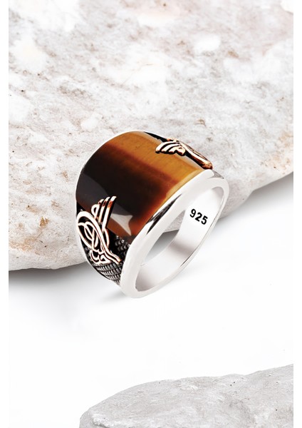 ​Gümüş Özel Kesim Kaplan Gözü Taşlı Osmanlı Armalı Erkek Yüzük