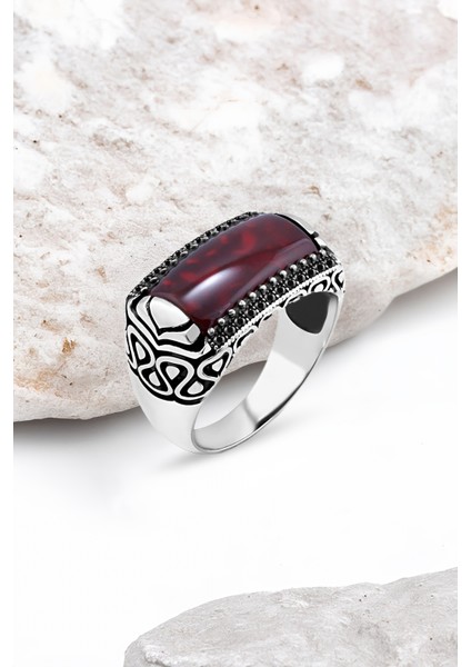 Akik Taşlı Kenarları Minik Siyah Zirkon Taşlı Gümüş Erkek Yüzük