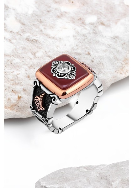 Akik Taş Ortası Zirkon Taşlı Motifli Gümüş Erkek Yüzük