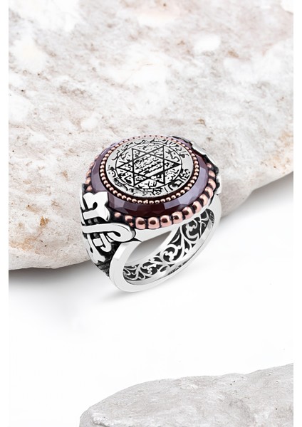 Mineli Süleyman Mührü Kenarı Çember Taşlı Gümüş Erkek Yüzük