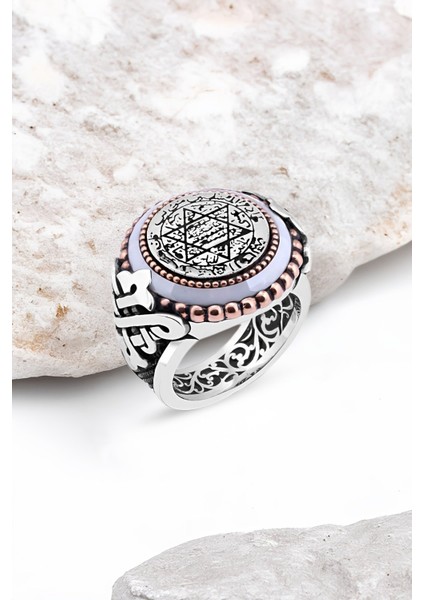 Mineli Süleyman Mührü Kenarı Çember Taşlı Gümüş Erkek Yüzük