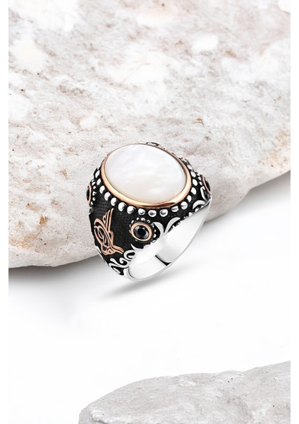 Düz Sedef Taşlı Gümüş Erkek Yüzük