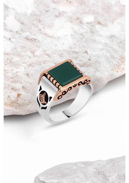 Düz Yeşil Akik Taşlı Gümüş Erkek Yüzük