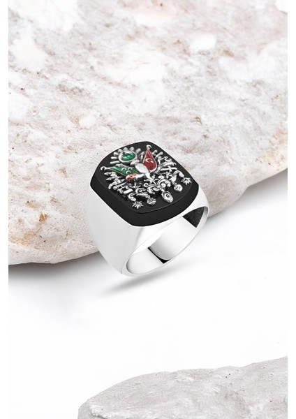 Onix Taş Üzeri Osmanlı Arması Gümüş Erkek Yüzük