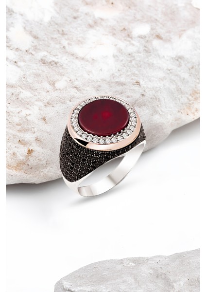 Gümüş Akik Taşlı İşlemeli Erkek Yüzük