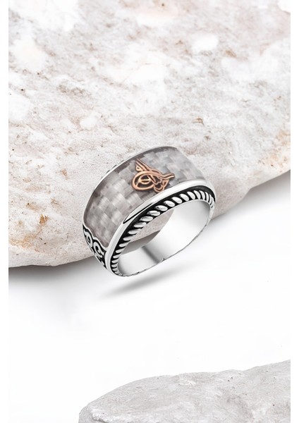 Karbon Üstü Tuğralı Gümüş Erkek Yüzük