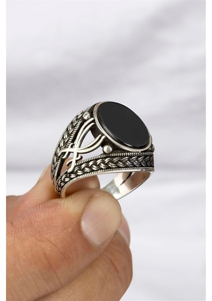 Çift Kılıç Zülfikar Motifli Oniks Taşlı Gümüş Erkek Yüzük
