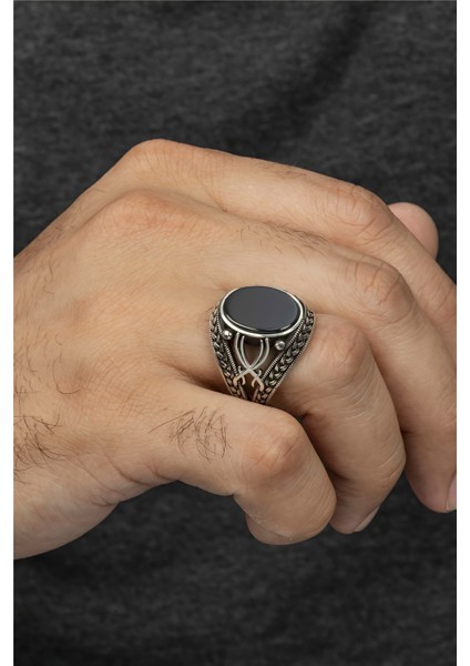 Çift Kılıç Zülfikar Motifli Oniks Taşlı Gümüş Erkek Yüzük fiyatları
