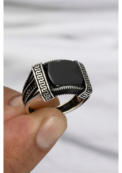 Şerit Grek Desenli Gümüş Serçe Parmak Erkek Yüzük