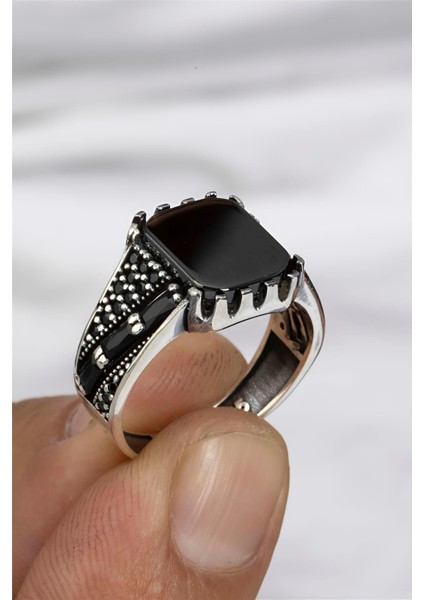 Baget Ve Oniks Taşlı Gümüş Serçe Parmak Erkek Yüzük