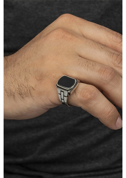 Oniks Taşlı Kordon Motifli Gümüş Serçe Parmak Erkek Yüzük fiyatları