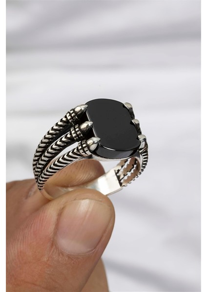 Oniks Taşlı Pençe Motifli 925 Ayar Gümüş Erkek Yüzük