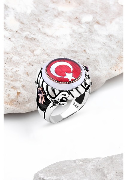 Mineli Türk Bayrağı Kenarı Çember Taşlı Gümüş Erkek Yüzük
