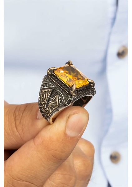 Sarı Sitrin Taşlı Pençe Motifli Gümüş Erkek Yüzük