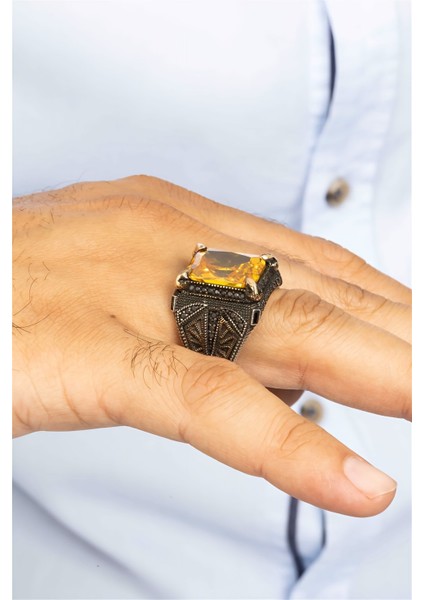 Sarı Sitrin Taşlı Pençe Motifli Gümüş Erkek Yüzük fiyatları
