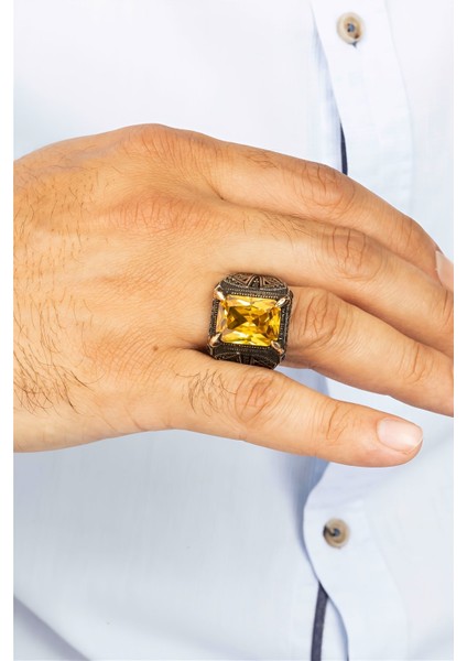 Sarı Sitrin Taşlı Pençe Motifli Gümüş Erkek Yüzük modelleri