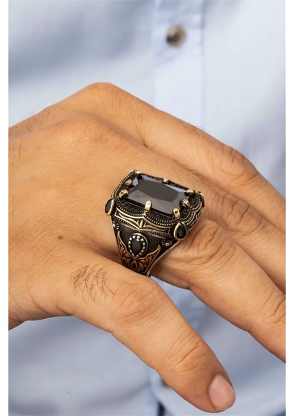 Dikdörtgen Siyah Taşlı Otantik Gümüş Erkek Yüzük fiyatları