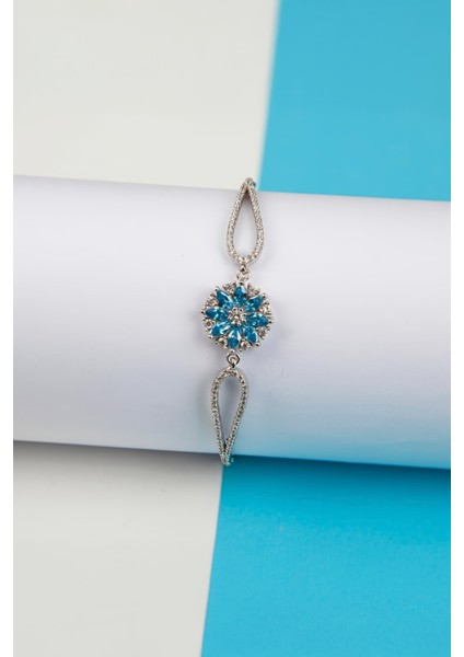 925 Ayar Gümüş Aqua Taşlı Lotus Bayan Bileklik