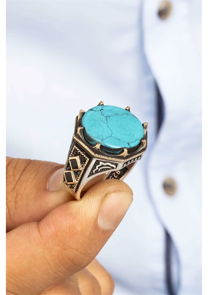 Yuvarlak Firuze Taşlı Taç Motif Gümüş Erkek Yüzük