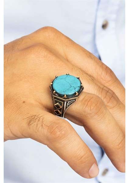 Yuvarlak Firuze Taşlı Taç Motif Gümüş Erkek Yüzük fiyatları
