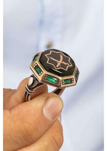 Özel Koleksiyon Yeşil Taşlı Çift Zülfikar Motifli Gümüş Erkek Yüzük
